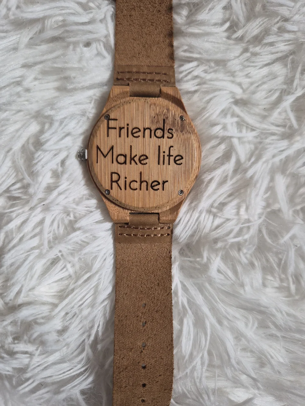 Wooden Look Watch Large Round Face Analog Tan Brown Friends Make Life Richer ✨️